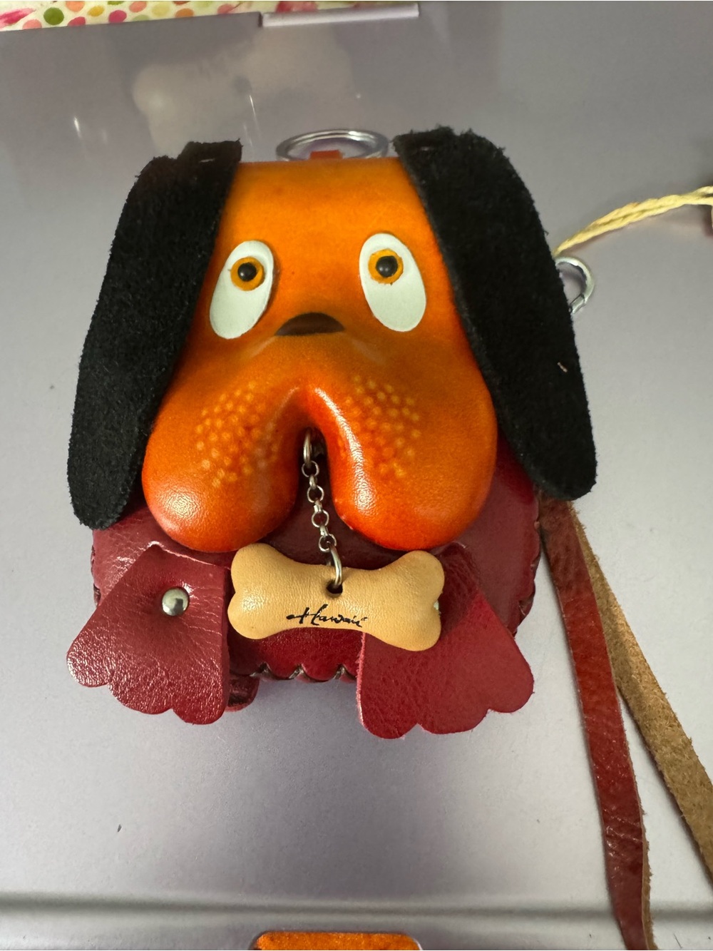 Handmade Orange & Red Leather Dog Keychain with Bone Charm